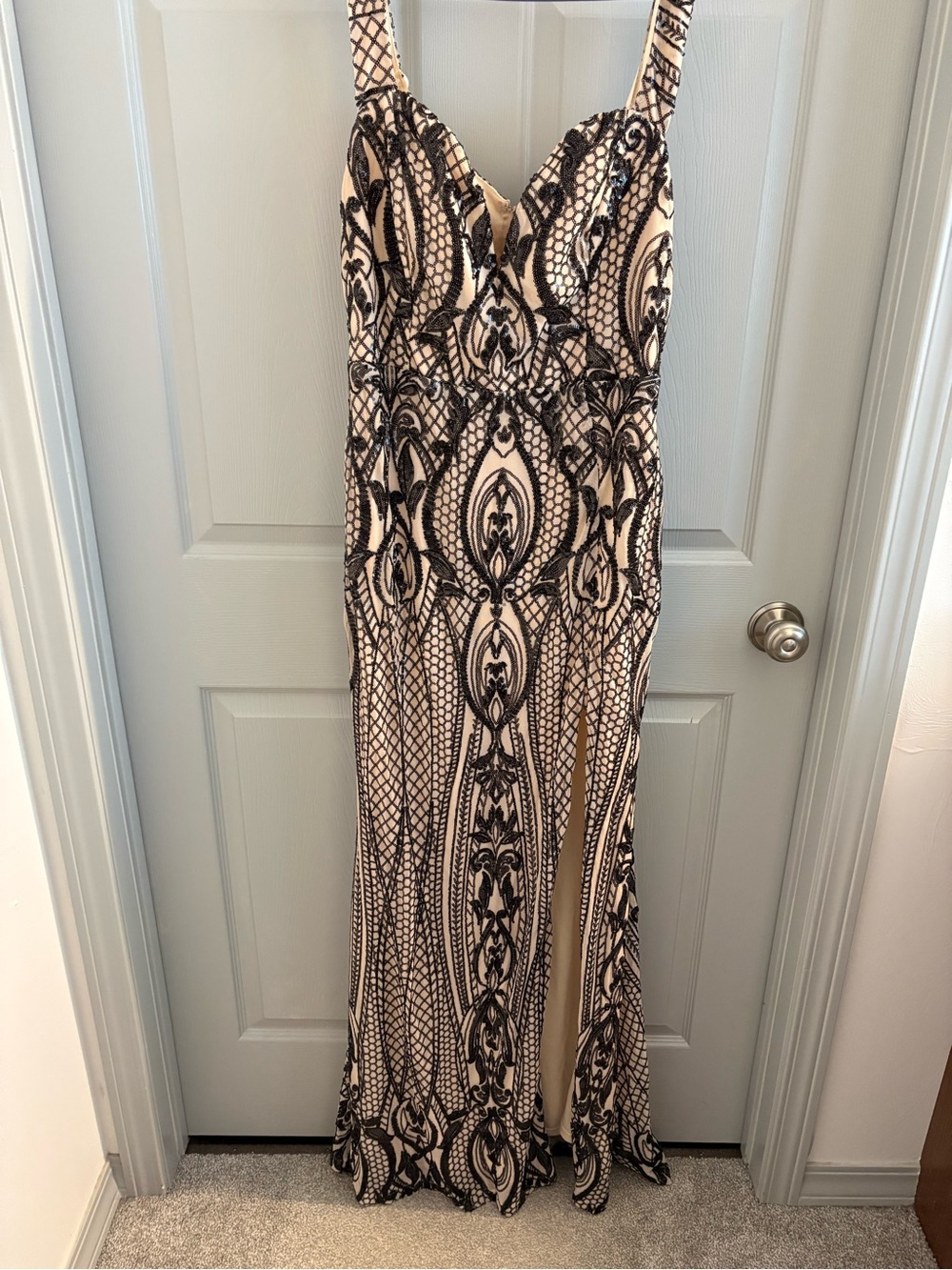 Fashion Nova Nude Maxi Dress with Black Lace Overlay